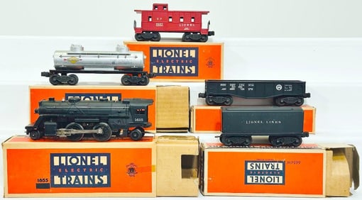 Lionel Postwar O Gauge 1655 Locomotive and 6654W Tender/6465 Tank Car/6452 Gondola/6257 Caboose
