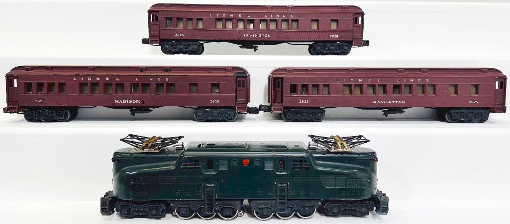 Lionel Postwar O Gauge 2332 dark green 5 stripe GG1 with 2625 Manhattan/2625 Irvington/2625 Madison: Lionel Postwar O Gauge 2332 dark green 5 stripe GG1 with 2625 Manhattan/2625 Irvington/2625 Madison, with the 2332 GG1 in C6 with faded stripes, the 2625 Manhattan in C7 minus, the 2625 Irvington in C