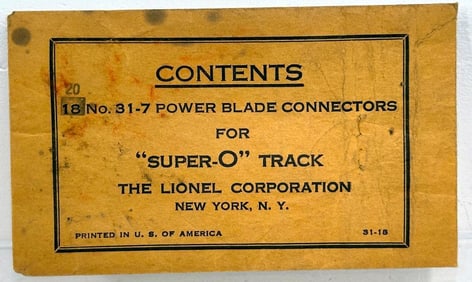Lionel Postwar O Gauge Super O Track 20 No. 31 - 7 Power Blade Connectors Operating Packet