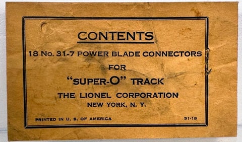 Lionel Postwar O Gauge Super O Track 18 No. 31-7 Power Blade Connectors Operating Packet Only Scarce