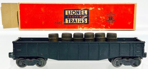 Lionel Postwar O Gauge 6462 Black painted Gondola with barrels