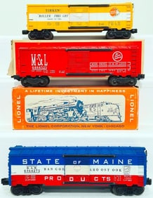 Lionel Postwar O Gauge 6464-500 Timken Box Car/6464-525 Minneapolis and St. Louis Box Car/6464-275 