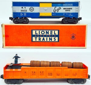 Lionel Postwar O Gauge 6464 - 150 Missouri Pacific Box Car Boxed and 362 - 75 orange Barrel Car