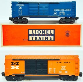 Lionel Postwar O Gauge 6468-25 orange New Haven Double Door Box Car and 6468 B&O Double Door Box Car