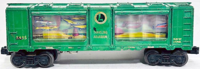 Lionel Postwar O Gauge 3435 Aquarium Car with Tank No. 1 and Tank No. 2 lettering and gold circle L