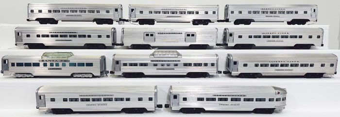 Lionel Postwar O Gauge Ten Assorted Aluminum Passenger Cars, Including 2530 Large Door Baggage Car