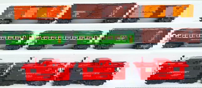 Lionel Postwar O Gauge Seven (7) Assorted Freight Cars and Two (2) Passenger Cars