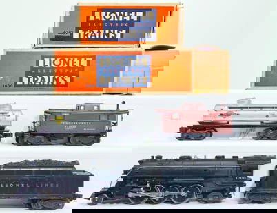 Lionel Postwar O Gauge 3105W Advance Catalog Set from 1947: Lionel Postwar O Gauge 3105W Advance Catalog Set from 1947, including 1666 Locomotive and 466WX Tender in C7, and includes 2465 Tank Car and 2757 prewar frame, 2457 Caboose, each in C7. This Lot also