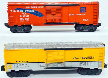 Lionel Postwar O Gauge 6464 - 650 Denver Rio Grande Box Car and 6464 - 250 Western Pacific Box Car: Lionel Postwar O Gauge 6464 - 650 Denver Rio Grande Box Car and 6464 - 250 Western Pacific Box Car, with the 6464 - 650 in C6 plus to C7 minus because of paint loss to silver paint on one side, and th