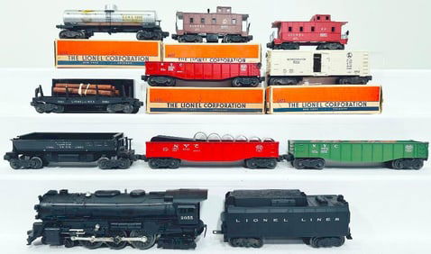 Lionel Postwar O Gauge 2055 Locomotive and 6026W Tender with Nine (9) Assorted Freight Cars