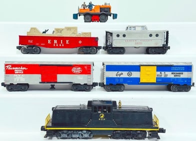 Lionel Postwar O Gauge 628 Northern Pacific Center Cab Switcher/50 Gang Car/Four Assorted Freights