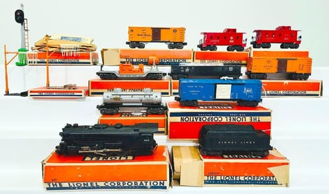 Lionel Postwar O Gauge 635 Locomotive and 2466W Tender with Eight (8) Assorted Freight Cars