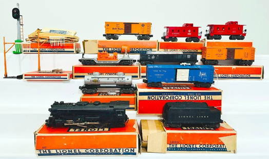 Lionel Postwar O Gauge 635 Locomotive and 2466W Tender with Eight (8) Assorted Freight Cars: Lionel Postwar O Gauge 635 Locomotive and 2466W Tender with Eight (8) Assorted Freight Cars, including 685 Locomotive and 2466W Tender, each in C7 or better. This Lot also includes the 4454 in C7, 225