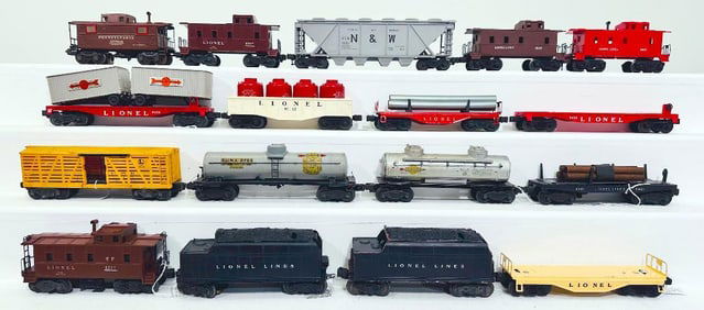 Lionel Postwar O Gauge Fourteen (14) Assorted Freight Cars and Two (2) Tenders