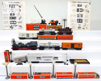 Lionel Postwar O Gauge Assorted Freight Cars - 50 Gang Car-2530 Baggage Car-Lamp post X4