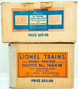 Lionel Postwar O Gauge Outfit No.1464W - silver and gray UP Passenger Set/1469WS -2035 Freight Set: Lionel Postwar O Gauge Outfit No. 1464W - silver and gray Union Pacific Passenger Set and 1469WS - 2035 Freight Set original Set Boxes only, with the 1464W showing light wear and the 1469WS showing li
