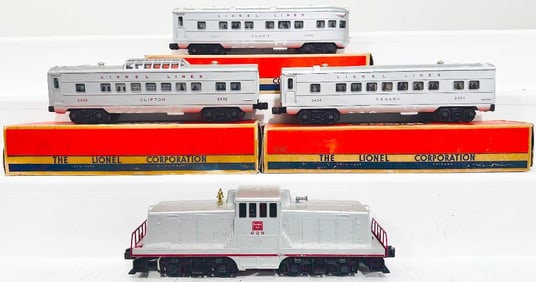 Lionel Postwar O Gauge 629 Burlington Route Switcher and 2432 - 2436 -2434 red letter Passenger Cars