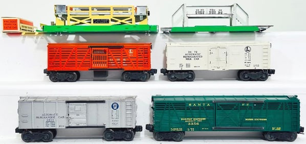 Lionel Postwar O Gauge 3656 Cattle Car and Corral/3472 Milk Car and Platform/3454/3356