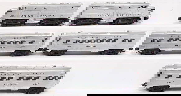 Lionel Postwar O Gauge 2033 Union Pacific Silver A - A Diesel Alco Units and 2422/2421/2423 Cars: Lionel Postwar O Gauge 2033 Union Pacific Silver A - A Diesel Alco Units and 2422/2421/2423 black lettered Passenger Cars, in C7 minus for each of the 2033 Diesel Units and C7 for each of the three (3