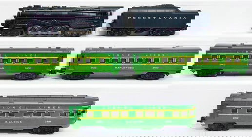 Lionel Postwar O Gauge 671 Locomotive and 2671W Tender with 2400/2402/2401 Green Gray Passenger Cars