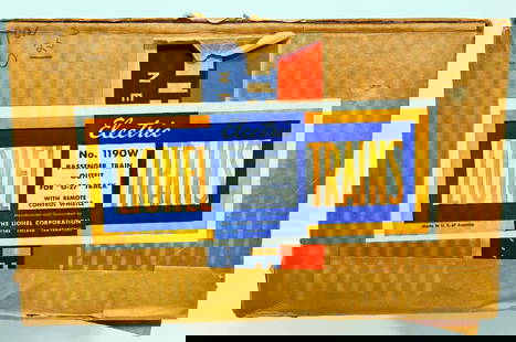Lionel Prewar O Gauge Outfit No. 1190W Original Set Box Only: Lionel Prewar O Gauge Outfit No. 1190W Original Set Box Only, showing light wear and a clear label. This is for an original Set Box only and no toy train contents. The contents of this Set included a