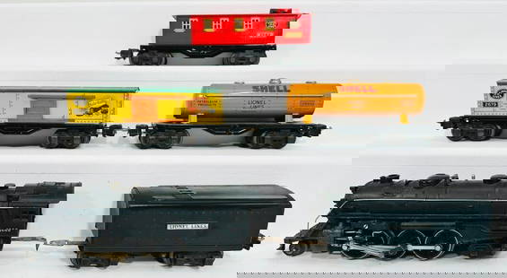 Lionel Prewar O Gauge 1666 Black Locomotive Freight Set: Lionel Prewar O Gauge 1666 Black Locomotive Freight Set, including 1666 Black Locomotive 2689W Black Tender, each in C7. This Lot also includes 2682 Caboose in C6 plus or better, 2679 Box Car in C7
