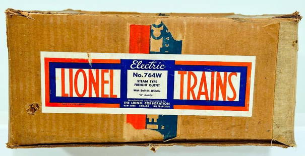 Lionel Prewar O Gauge Outfit No. 764W Original Set Box Only: Lionel Prewar O Gauge Outfit No. 764W Original Set Box only, showing light wear and a very clear label. This Lot is for the original box only and no toy train contents. The contents of this Set includ