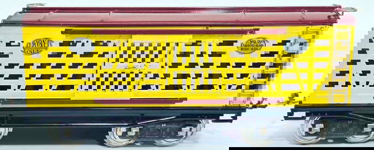 Lionel Prewar Standard Gauge 213 Livestock Car all Nickel cream and maroon: Lionel Prewar Standard Gauge 213 Livestock Car all Nickel cream and maroon, in C7. There is a tiny paint disturbance on one side of the Car.