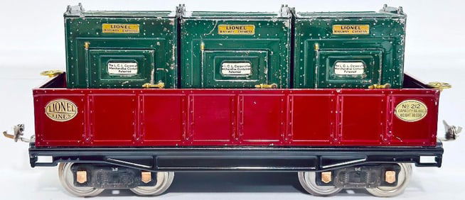 Lionel Prewar Standard Gauge 212 maroon Gondola with 205 LCL Merchandise Container X3