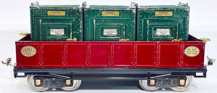 Lionel Prewar Standard Gauge 212 maroon Gondola with 205 LCL Merchandise Container X3: Lionel Prewar Standard Gauge 212 maroon Gondola with 205 LCL Merchandise Container X3, in C7 for the 212 and C6 plus overall for the three (3) 205 LCL Merchandise Containers.