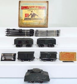 Lionel Prewar O Gauge Outfit No. 215 Armored Train Olive Green Set from 1917 Set Box