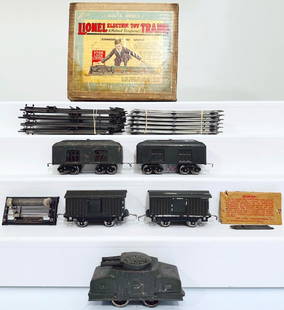 Lionel Prewar O Gauge Outfit No. 215 Armored Train Olive Green Set from 1917 Set Box: Lionel Prewar O Gauge Outfit No. 215 Armored Train Gray Set from 1917 Set Box, with 203 0 - 4 - 0 Armored Loco Dual Gun Terret gray in C5 plus to C7 minus, and includes a 702 Supply Car in gray in