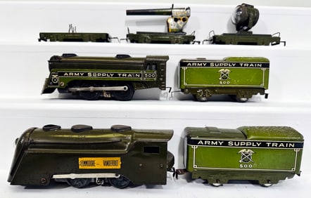 Marx Prewar O Gauge 500 Army Supply Train Locomotive & 500 Tender and Commodore Vanderbilt Army Loco
