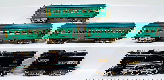 American Flyer Prewar Wide Gauge 4695 Brass Piper Locomotive & 4693 Tender with Three Minuteman Cars