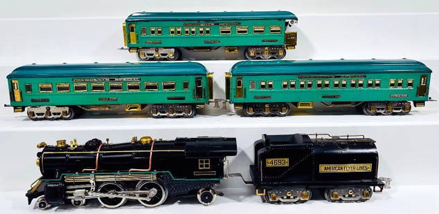 American Flyer Prewar Wide Gauge 4695 Brass Piper Locomotive & 4693 Tender with Three Minuteman Cars: American Flyer Prewar Wide Gauge 4695 Brass Piper Locomotive and 4693 Tender with three (3) Minuteman Passenger Cars, with the 4695 and 4693 each repainted to look C7. The Minuteman Passenger Cars are