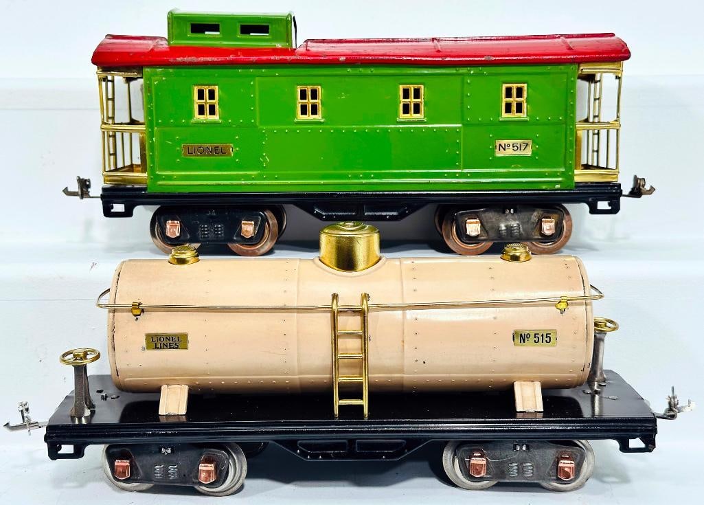Lionel Prewar Standard Gauge 515 cream Tank Car and 517 green and red Caboose: Lionel Prewar Standard Gauge 515 cream Tank Car and 517 green and red Caboose, with the 517 in C6 plus and the 515 in C7.