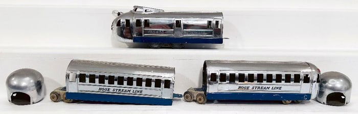 Hoge Prewar O Gauge 900 3 Car Streamliner Set blue and chrome