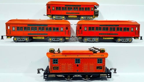 American Flyer Prewar Wide Gauge 4654 Orange Loco/Three (3) orange Litho/orange roof Passenger Cars