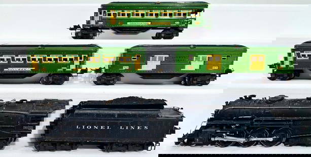 Lionel Prewar O Gauge 226E Locomotive and 2226W Tender with two-tone Green 2613 - 2614 - 2615 Cars: Lionel Prewar O Gauge 226E Locomotive and 2226W Tender with two-tone Green 2613 - 2614 - 2615 Passenger Cars, with the Locomotive in C5, the Tender in C6 minus and each of the Passenger Cars in C6 min