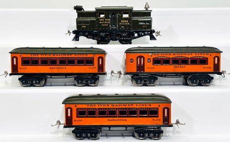 Ives Prewar O Gauge 3253 Dark Green Electric and 129 - 129 - 130 Orange/ Dark Green Passenger Cars