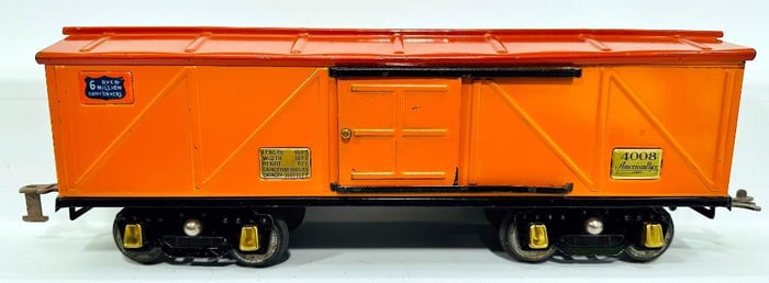 American Flyer Prewar Wide Gauge 4008 two-tone Tunnel Orange Freight Car with black trucks