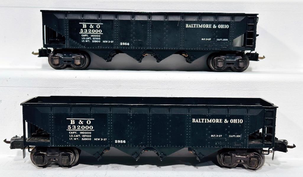 Lionel Prewar O Gauge 2956 Semi-Scale B&O Hopper X2: Lionel Prewar O Gauge 2956 Semi-Scale B&O Hopper X2, each in C7. The top 2956 is from 1941, and the bottom 2956 is from 1940.
