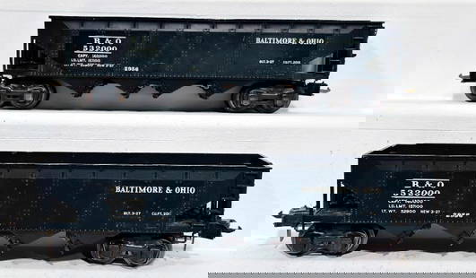 Lionel Prewar O Gauge 2956 Semi-Scale B&O Hopper X2: Lionel Prewar O Gauge 2956 Semi-Scale B&O Hopper X2, each in C7. The top 2956 is from 1941, and the bottom 2956 is from 1940.