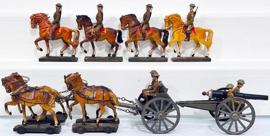 Lineol Prewar Toy Soldiers and 4 Horse-drawn Wagon with Cannon