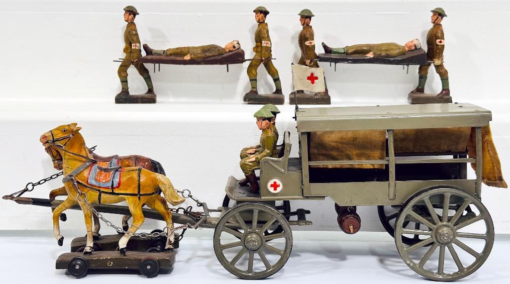 Lineol Prewar Toy Soldiers Medical Supply Wagon drawn by two (2) Horses (1 of 6)