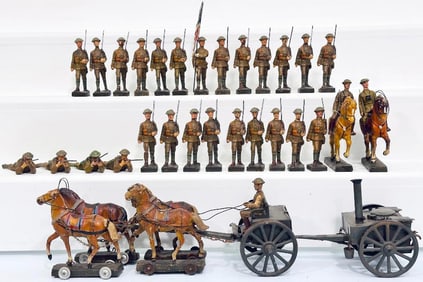 Lineol Prewar Toy Soldiers and Supply Wagon drawn by four (4) Horses