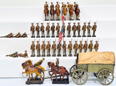 Lineol Prewar Toy Soldiers and 4 Horse-drawn Supply Wagon