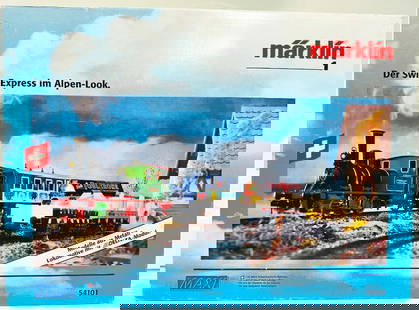 Marklin Modern 1 Gauge 54101 Swiss Express Model Train Set Boxed: Marklin Modern 1 Gauge 54101 Swiss Express Model Train Set Boxed, in C8 to C9 and with its original box. This is a vintage down steam locomotive with steam, Swiss markings and colorful detailing; a Pa