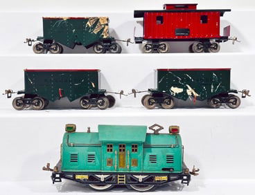 Lionel Prewar Standard Gauge 10 Peacock Electric Locomotive - 116 Ballast Car X3 - 117 Caboose