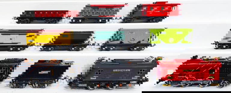 Lionel Prewar O Gauge 262E Locomotive and 260T Tender and Assorted Freight Cars: Lionel Prewar O Gauge 262E Locomotive and 260T Tender and Assorted Freight Cars, with the 262E in C7 minus, the 262T Tender repainted to look C7, 253 red Electric repainted red to look C7 plus, 656 gr